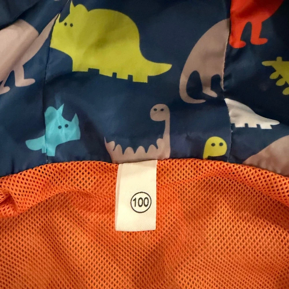 Kids Navy Blue Dinosaur Print Hooded Windbreaker Jacket Mesh Lined Size 100